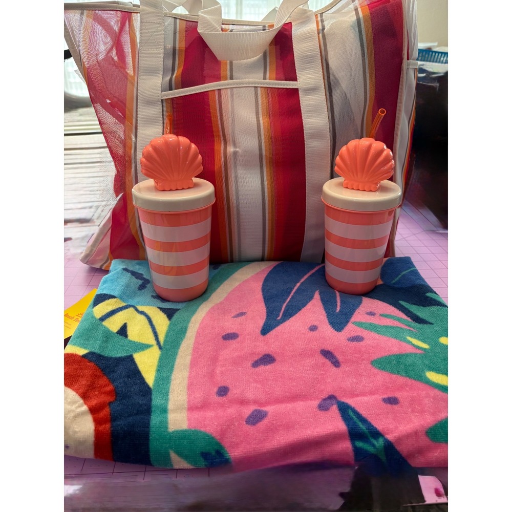 4pc Beach Set Striped Mesh Tote Bag Tropical Fruit Towel & 2 Shell Lid Tumblers